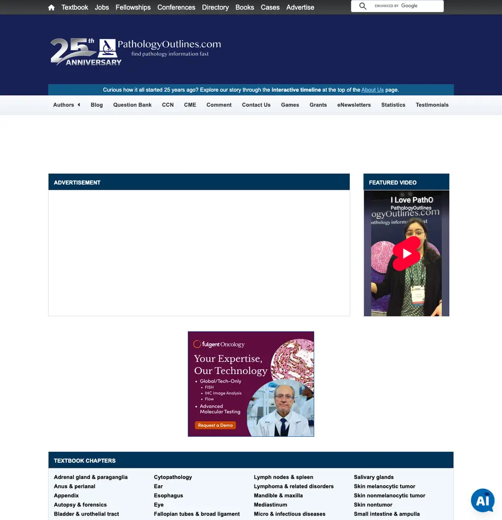 Pathology Outlines job board platform screenshot showing job search interface