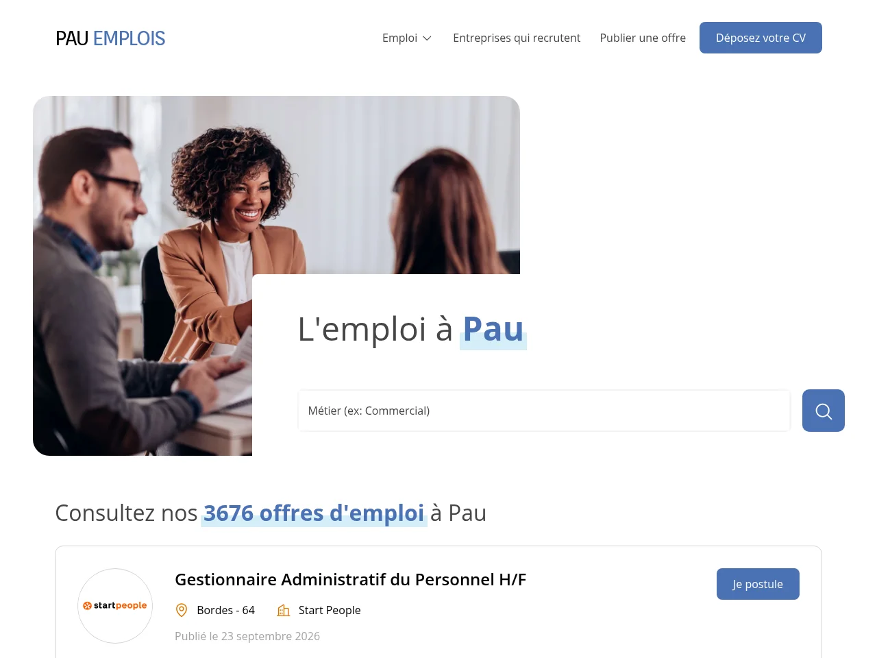 Pau Emplois job board platform screenshot showing job search interface