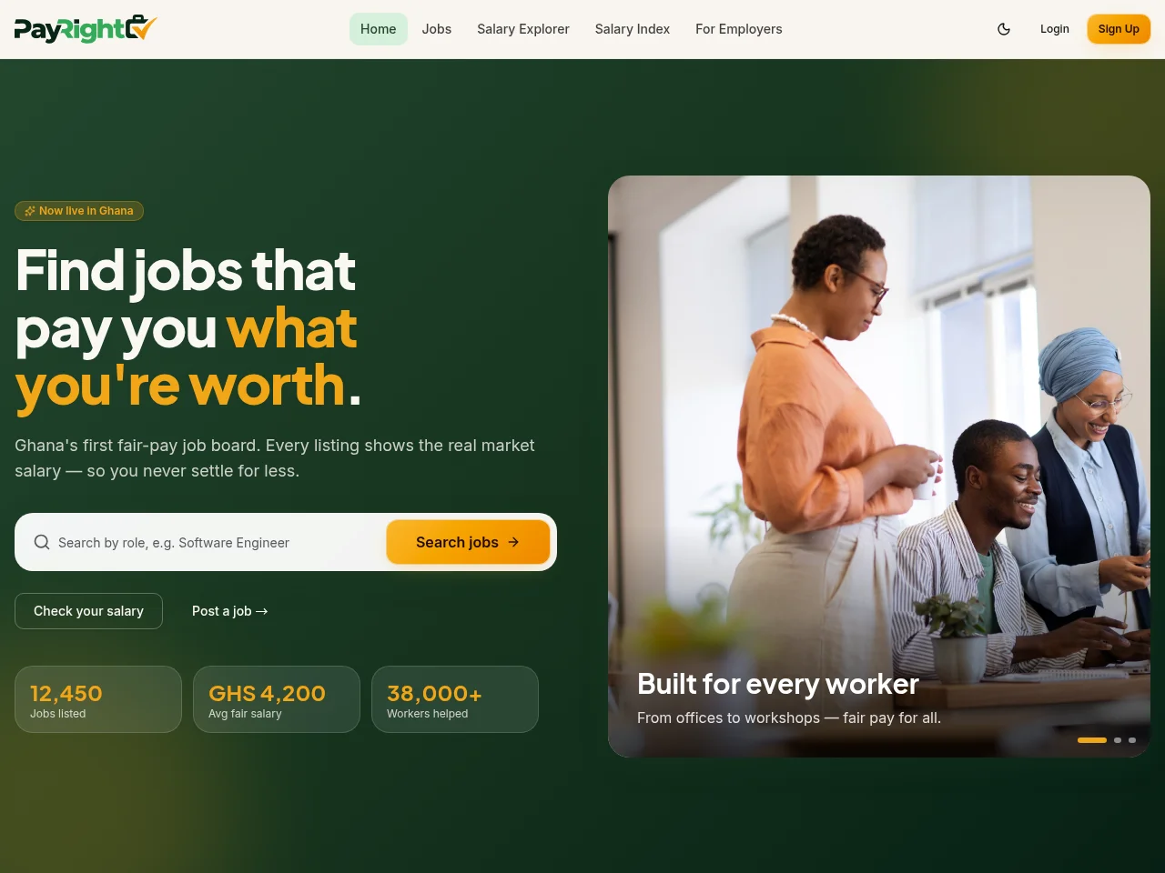 PayRight Ghana job board platform screenshot showing job search interface