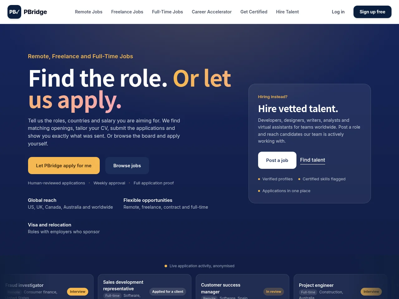PBridge job board platform screenshot showing job search interface
