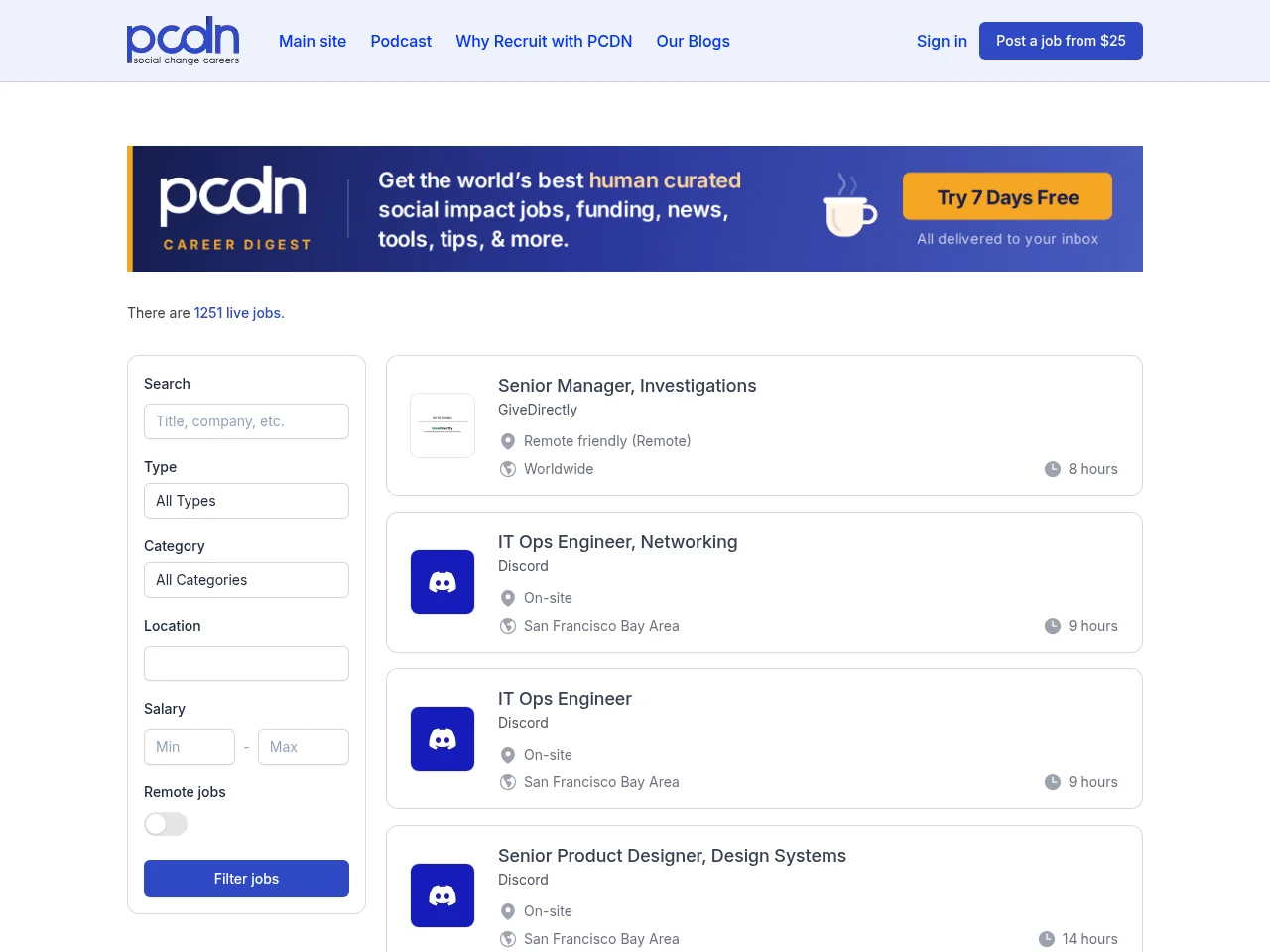 PCDN.Global job board platform screenshot showing job search interface