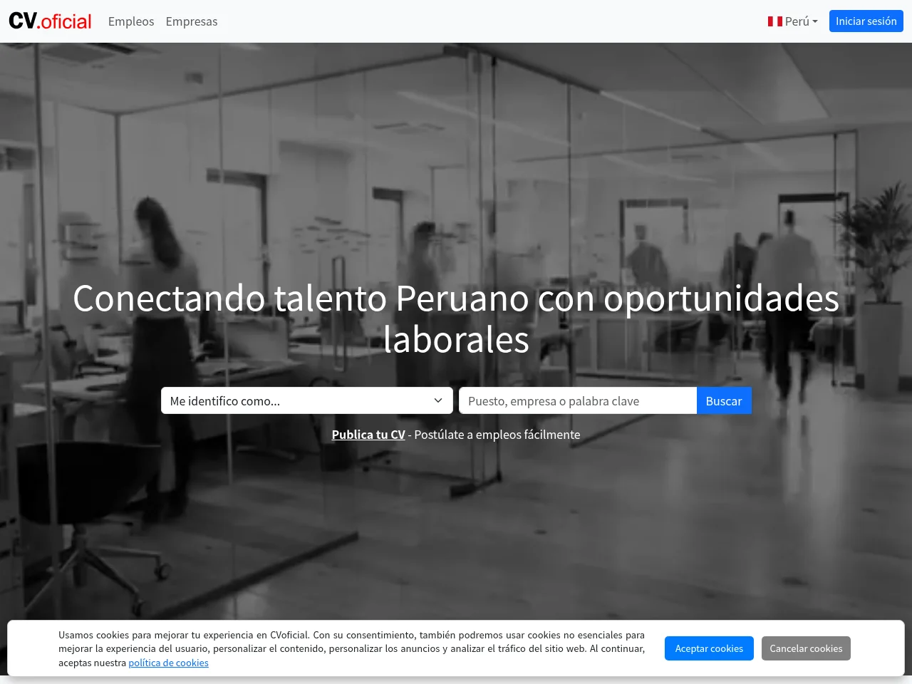 CVoficial Perú job board platform screenshot showing job search interface