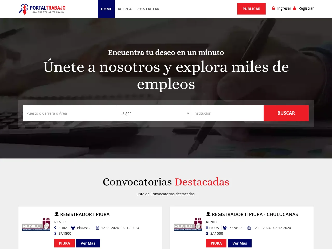 Portaltrabajo job board platform screenshot showing job search interface