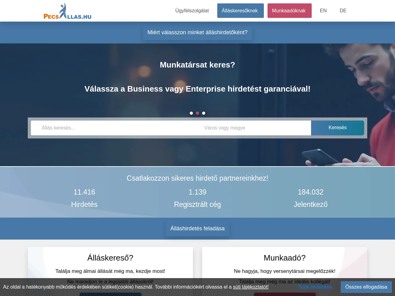 Pécs Állás job board platform screenshot showing job search interface