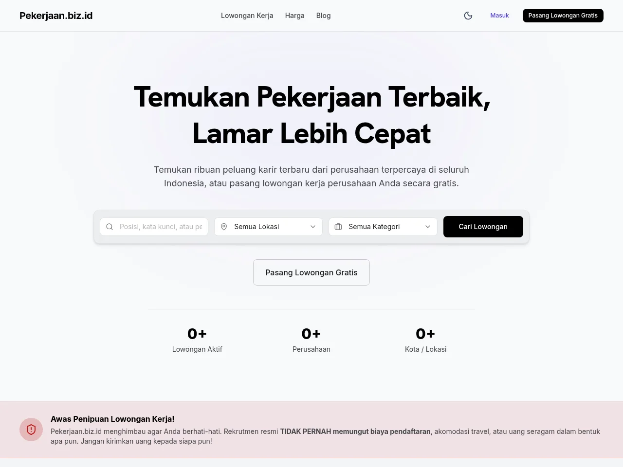 Pekerjaan.biz.id job board platform screenshot showing job search interface
