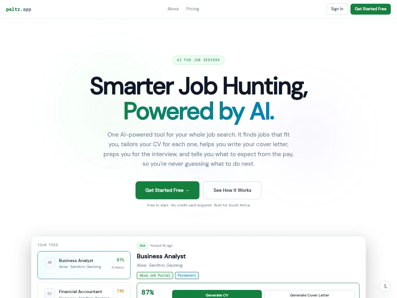 Peltr job board platform screenshot showing job search interface