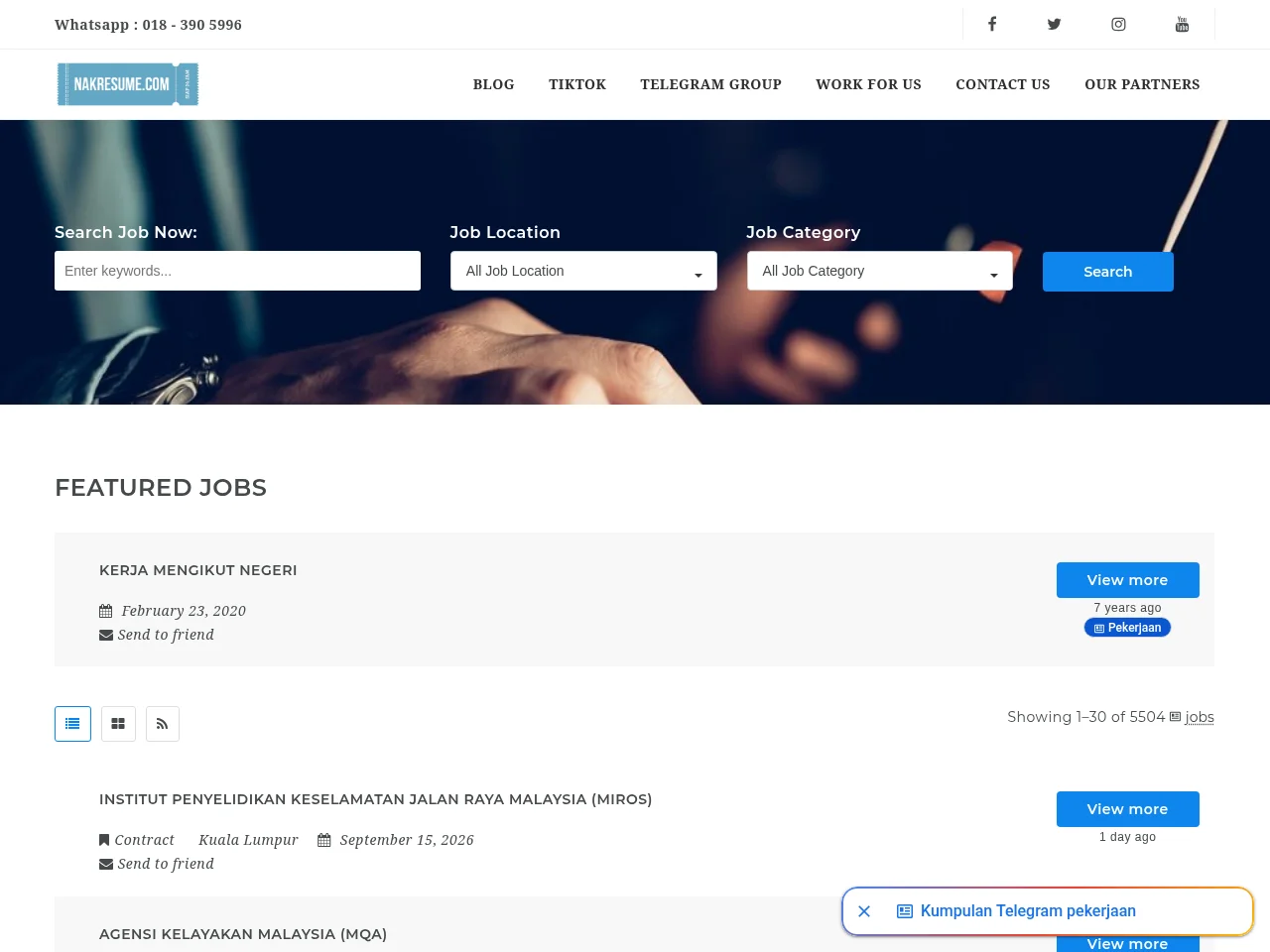 Peluang Kerjaya job board platform screenshot showing job search interface