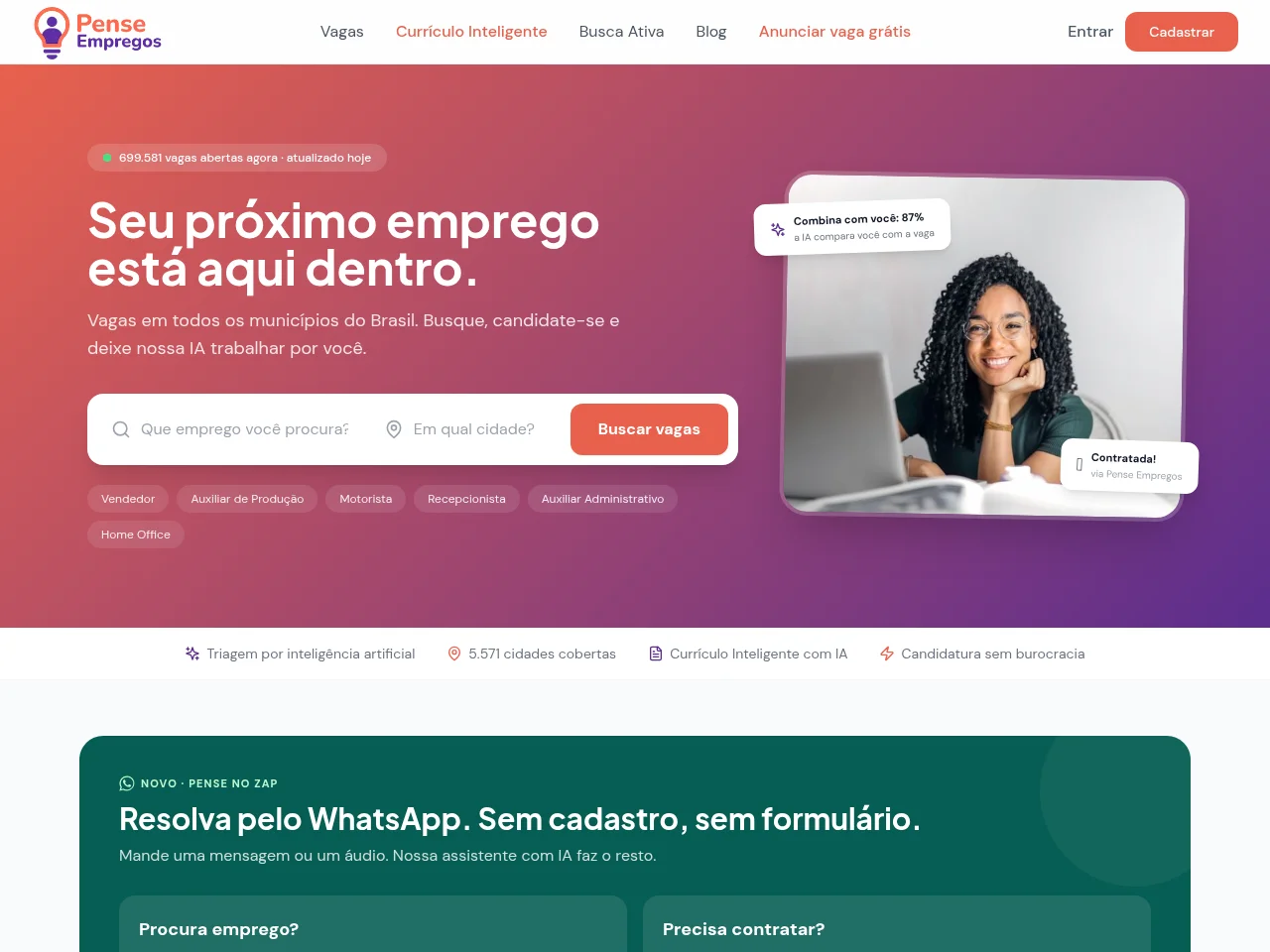 Pense Empregos job board platform screenshot showing job search interface