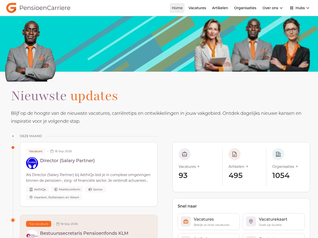 PensioenCarriere job board platform screenshot showing job search interface