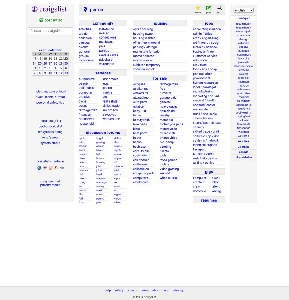 craigslist job board platform screenshot showing job search interface