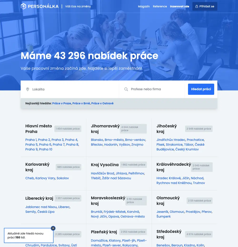 Personálka.cz job board platform screenshot showing job search interface