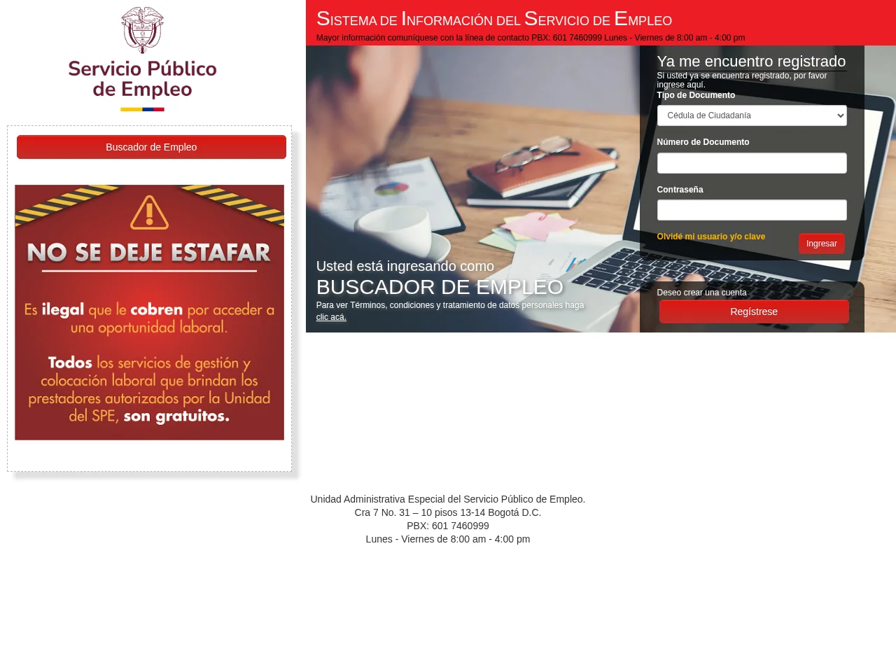 Servicio de Empleo job board platform screenshot showing job search interface