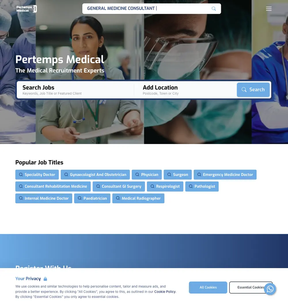 Pertemps Medical screenshot Pertemps Medical job board platform screenshot showing job search interface