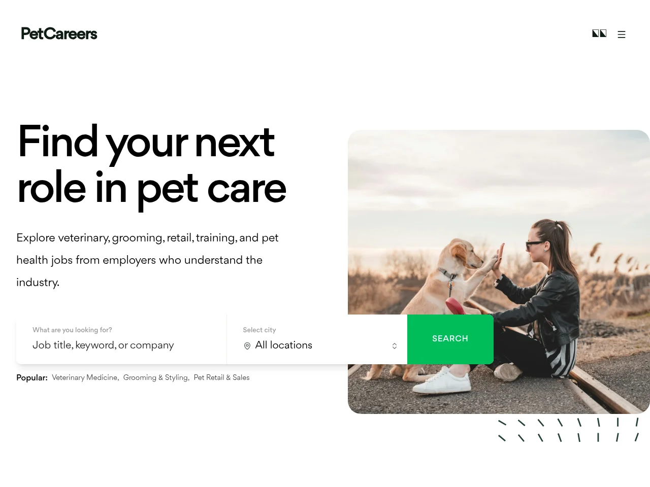 PetCareers job board platform screenshot showing job search interface