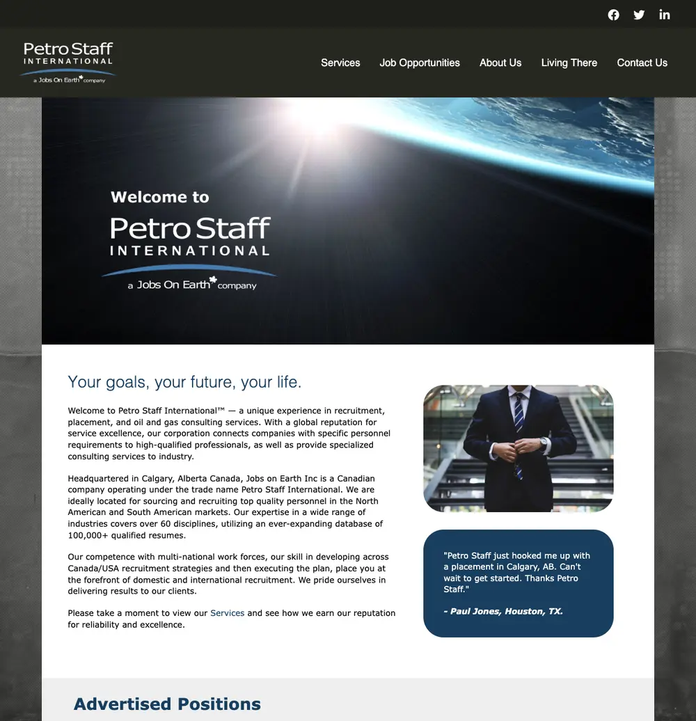 Petro Staff International job board platform screenshot showing job search interface