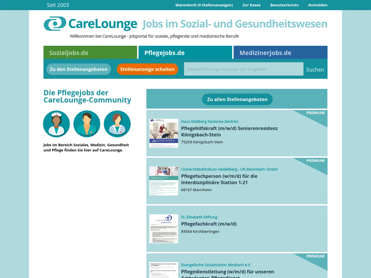 Pflegejobs.de job board platform screenshot showing job search interface