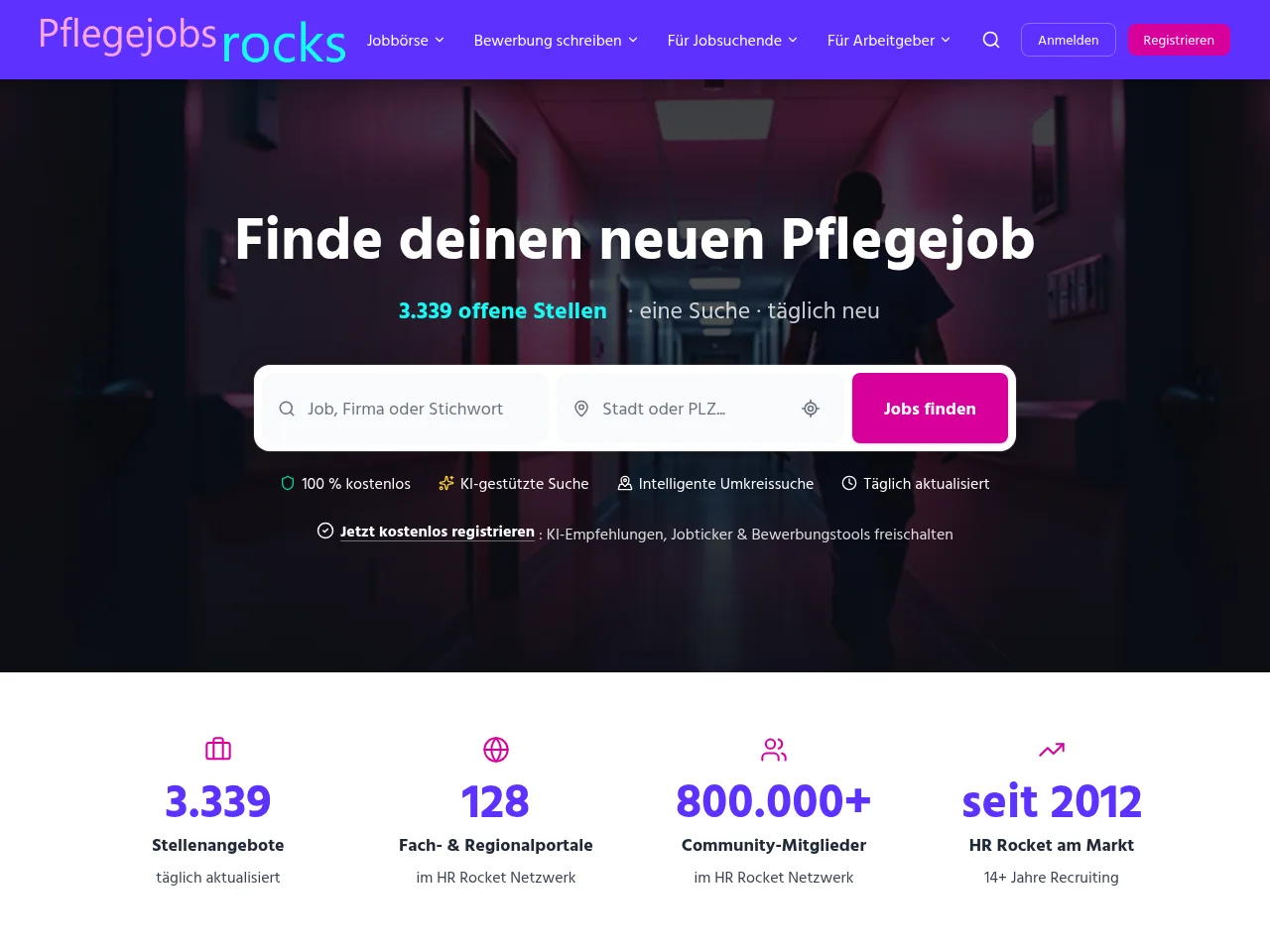 Pflegejobs.rocks job board platform screenshot showing job search interface