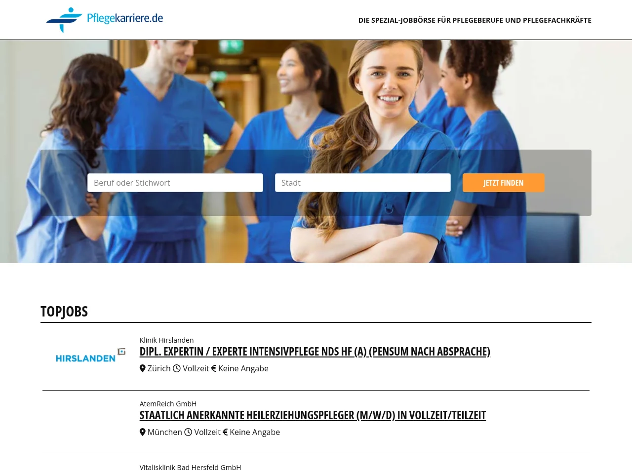 PflegeKarriere.de job board platform screenshot showing job search interface