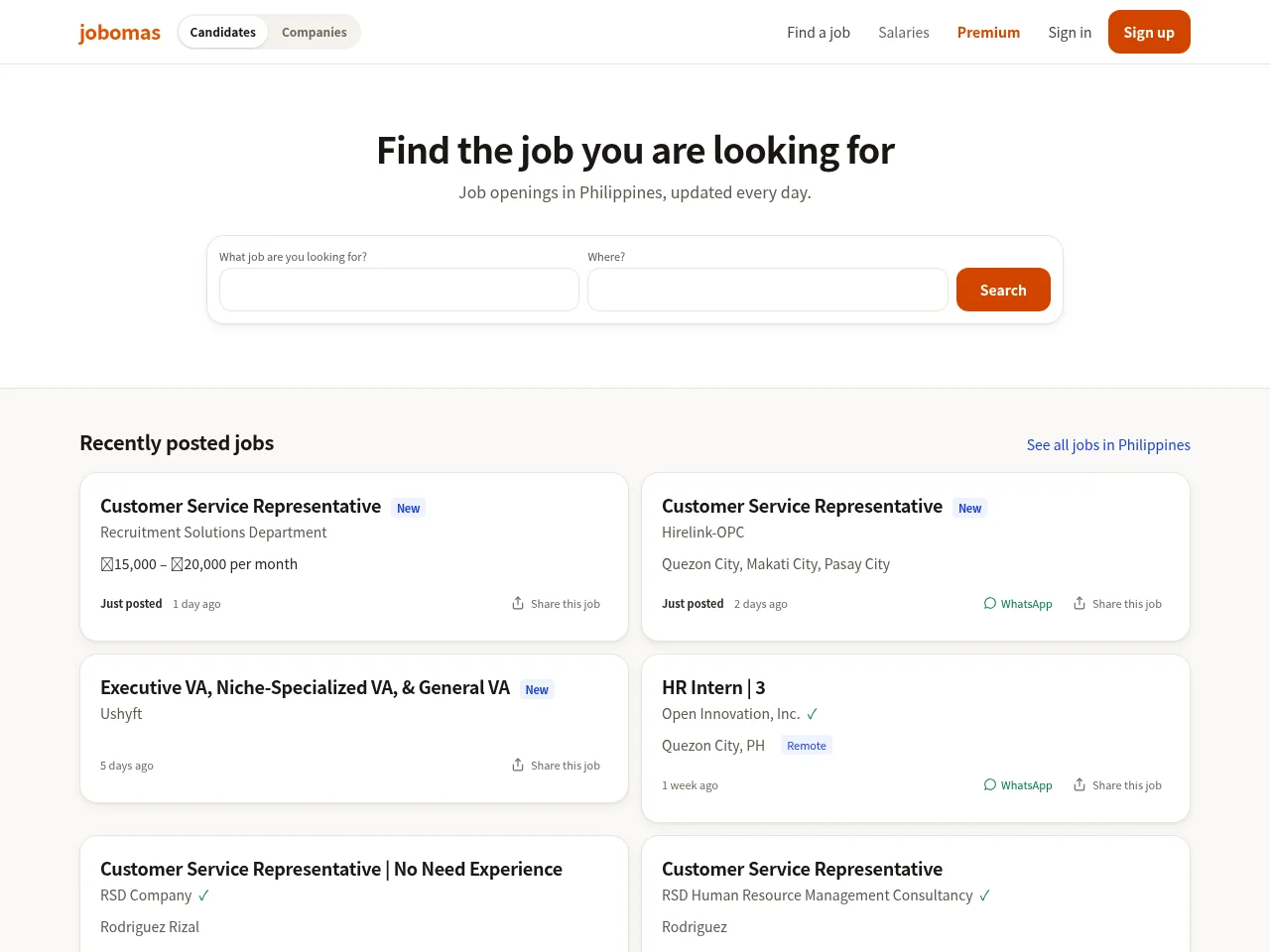 Jobomas job board platform screenshot showing job search interface