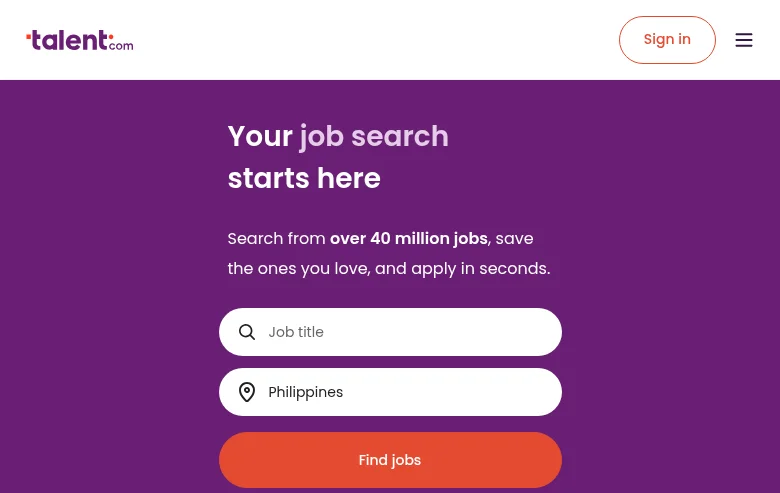 Talent.com job board platform screenshot showing job search interface