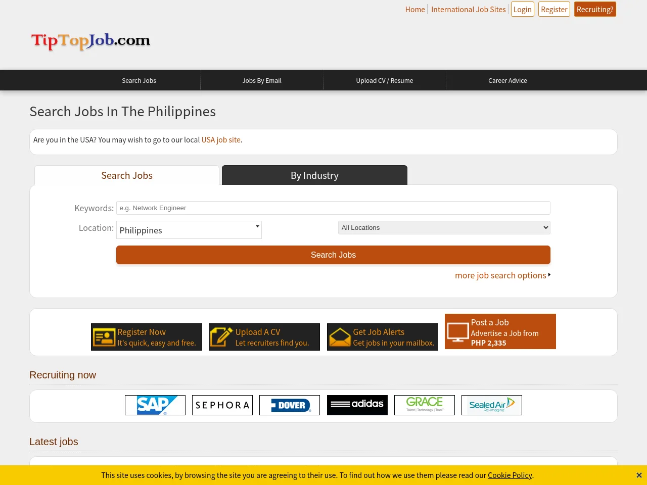 TipTopJob Philippines job board platform screenshot showing job search interface