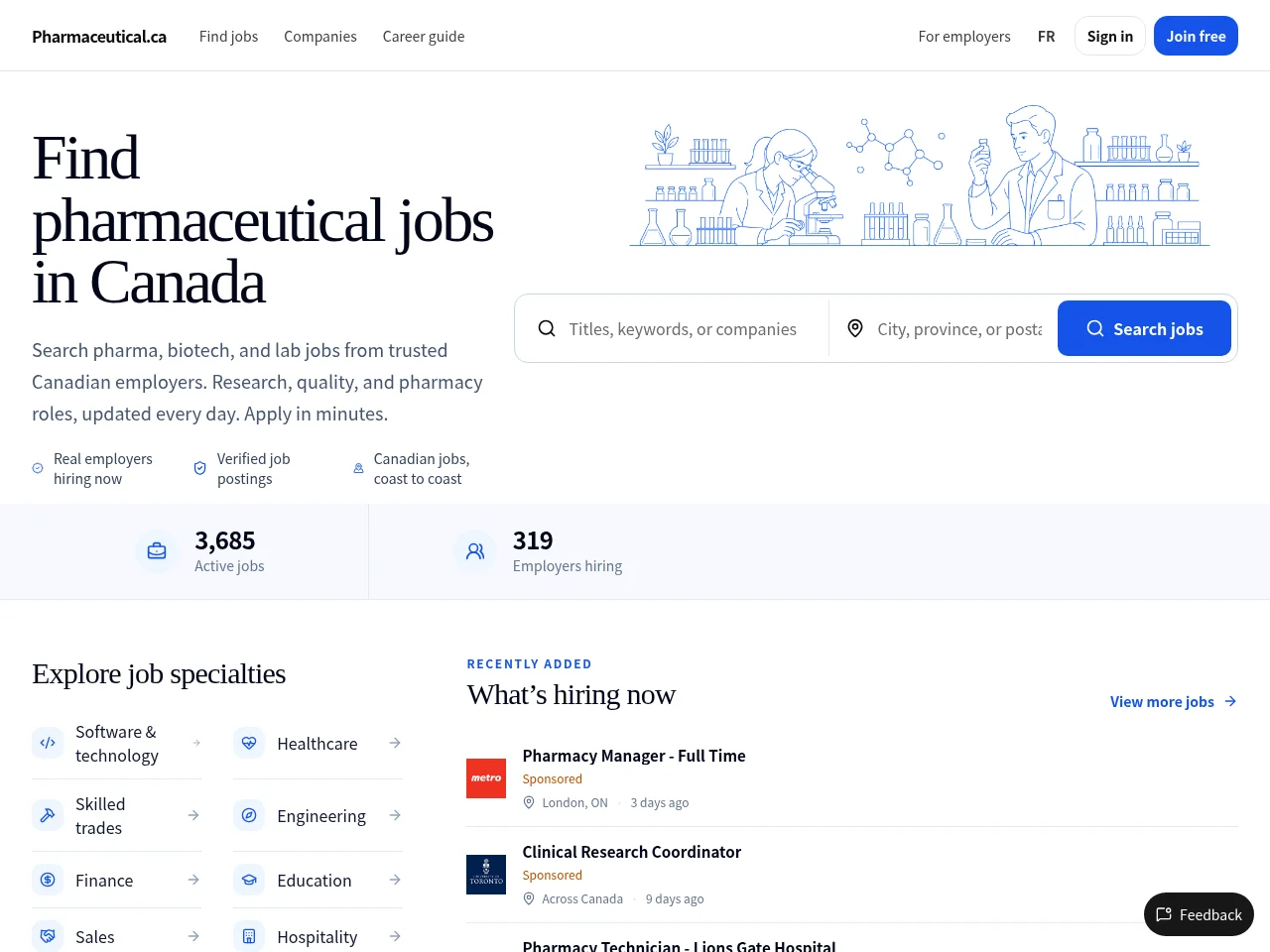 Pharmaceutical.ca job board platform screenshot showing job search interface