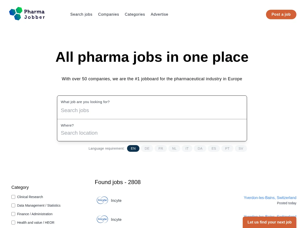 PharmaJobber job board platform screenshot showing job search interface