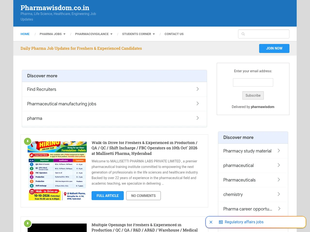 Pharmawisdom.co.in screenshot Pharmawisdom.co.in job board platform screenshot showing job search interface