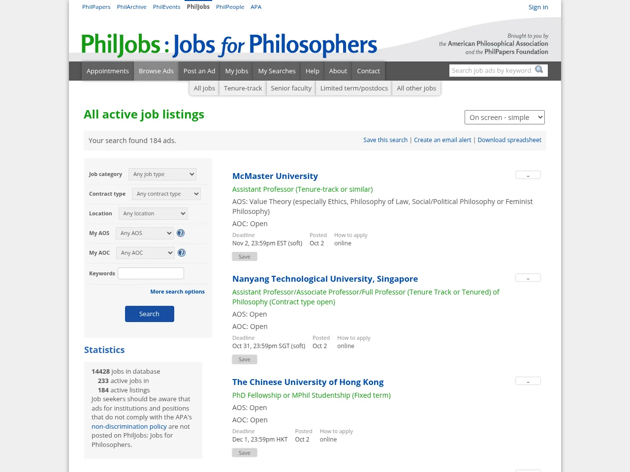 PhilJobs: Jobs for Philosophers job board platform screenshot showing job search interface