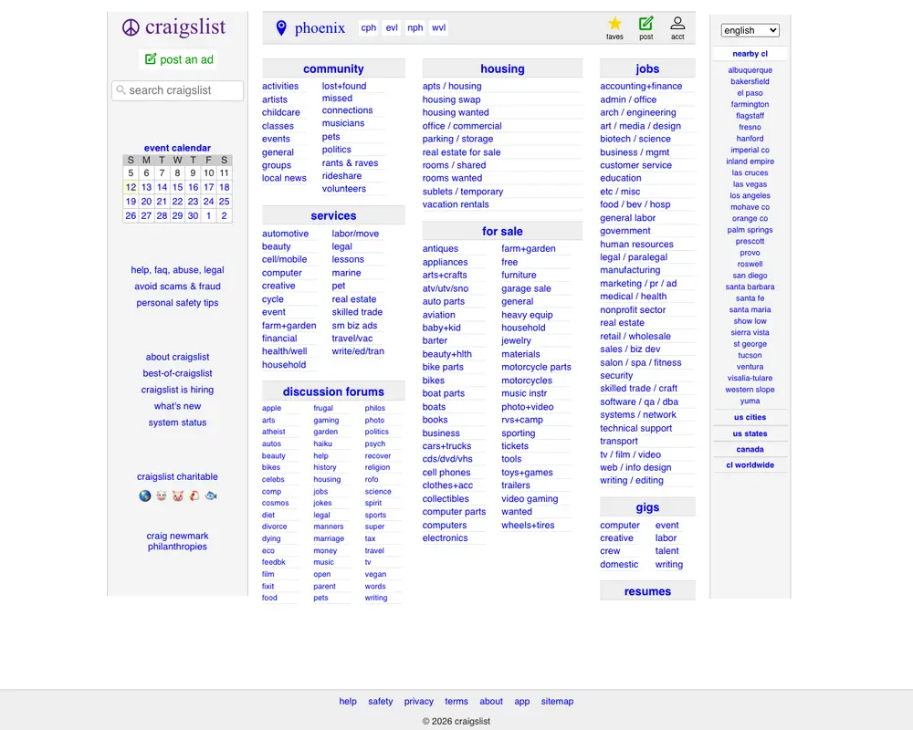 craigslist Phoenix job board platform screenshot showing job search interface