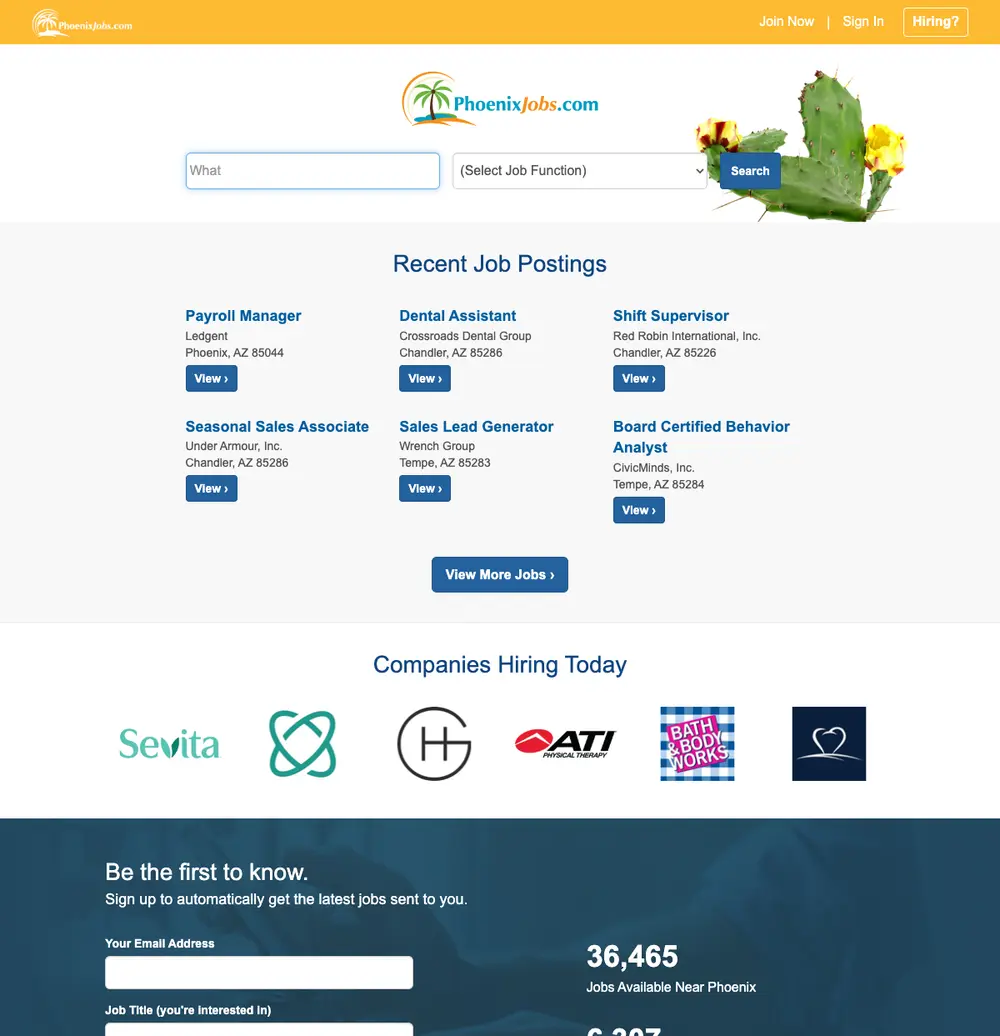 Phoenix Jobs job board platform screenshot showing job search interface