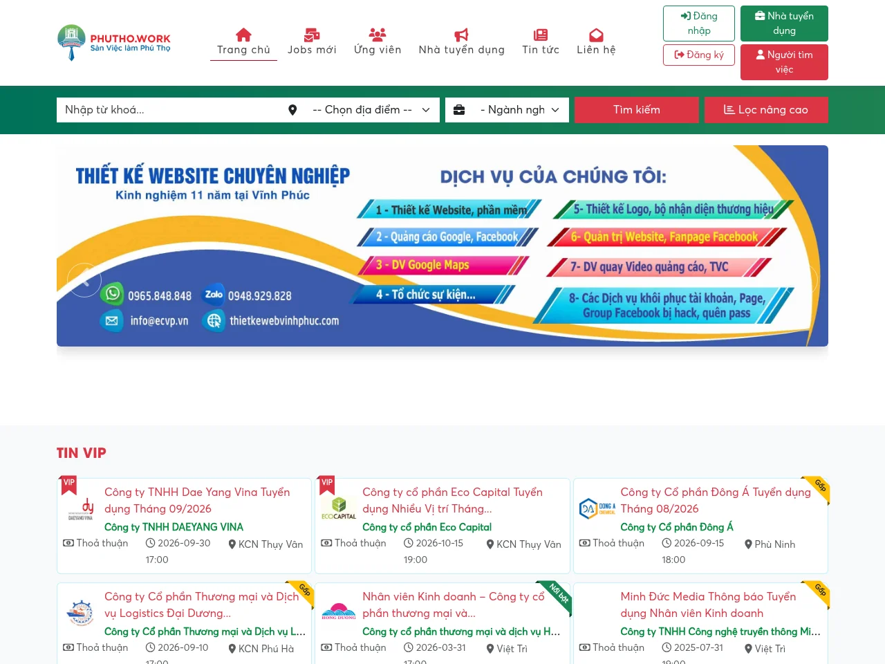 Phú Thọ Work job board platform screenshot showing job search interface