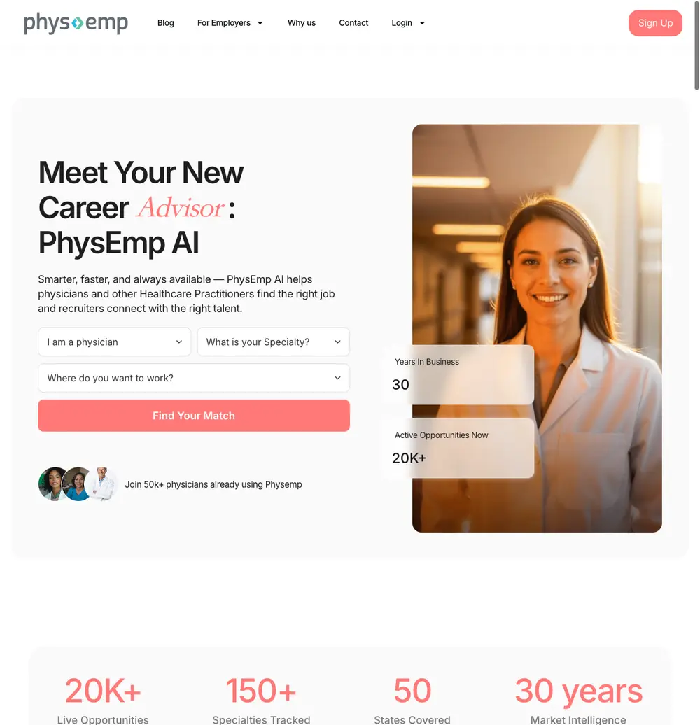 PhysEmp job board platform screenshot showing job search interface