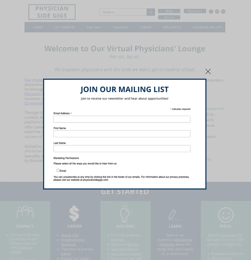 Physician Side Gigs job board platform screenshot showing job search interface