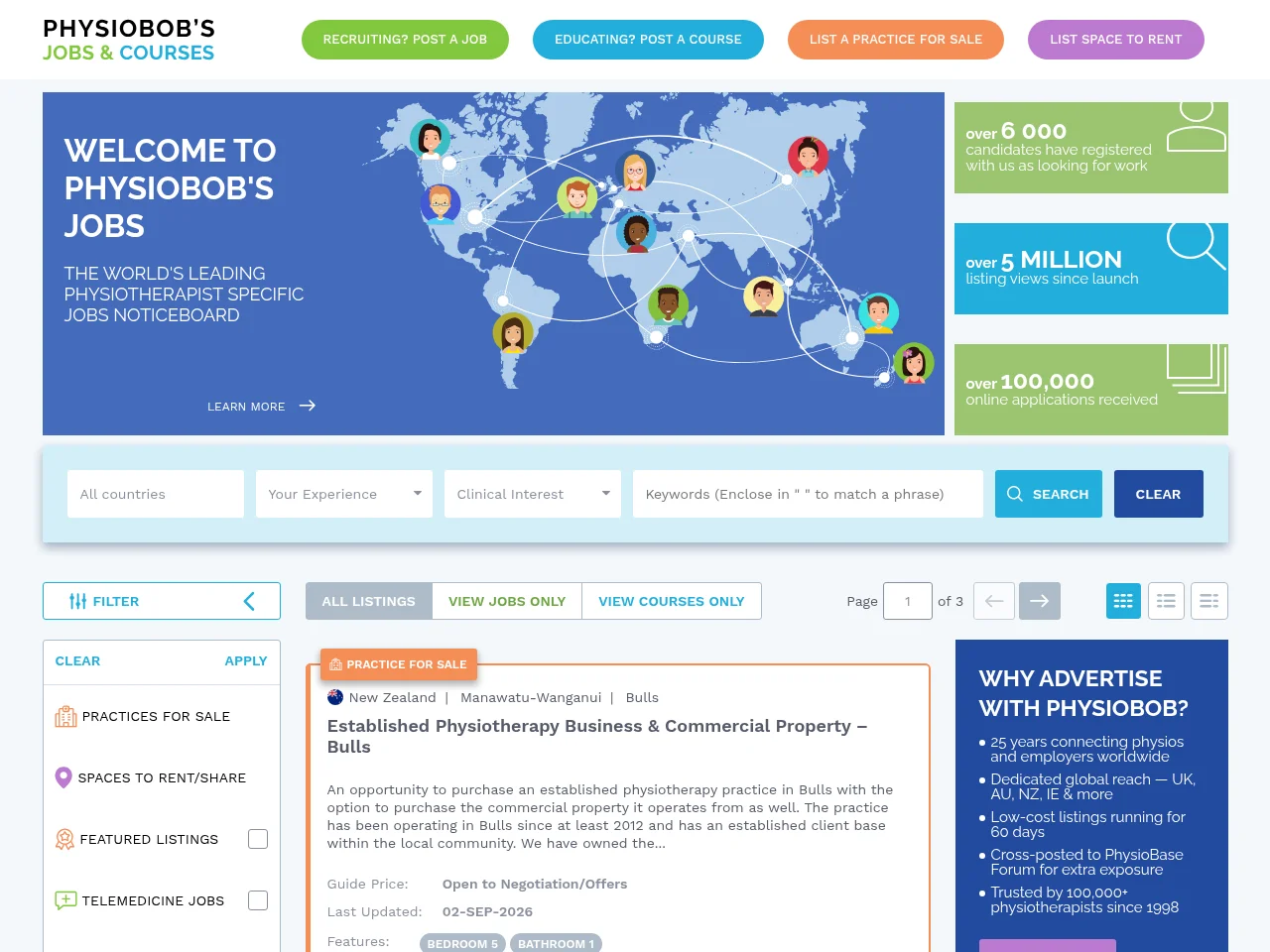 Physiobob job board platform screenshot showing job search interface