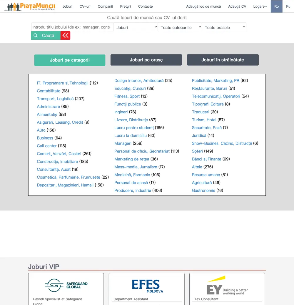 PiataMuncii.md job board platform screenshot showing job search interface
