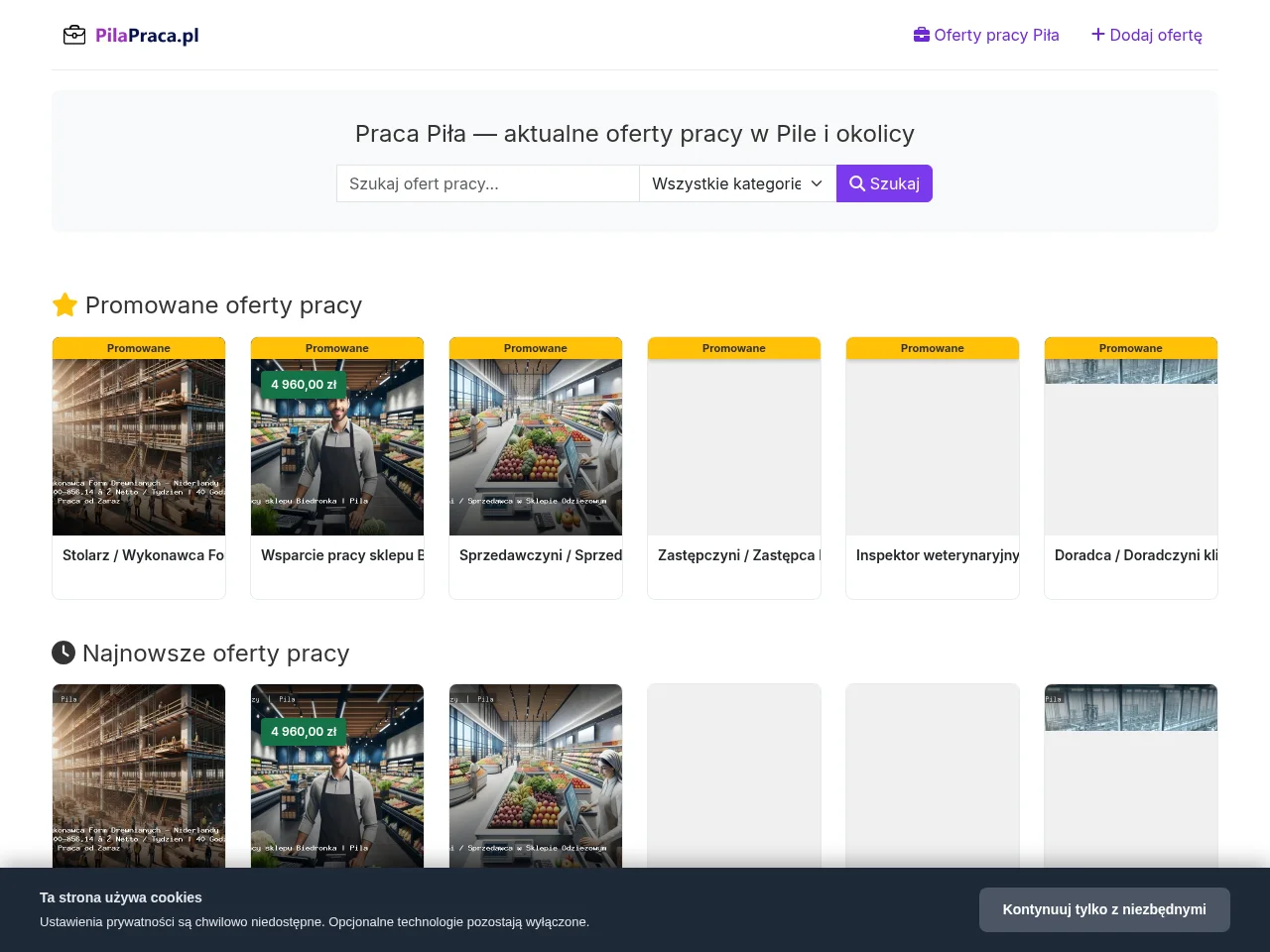 Praca Piła job board platform screenshot showing job search interface