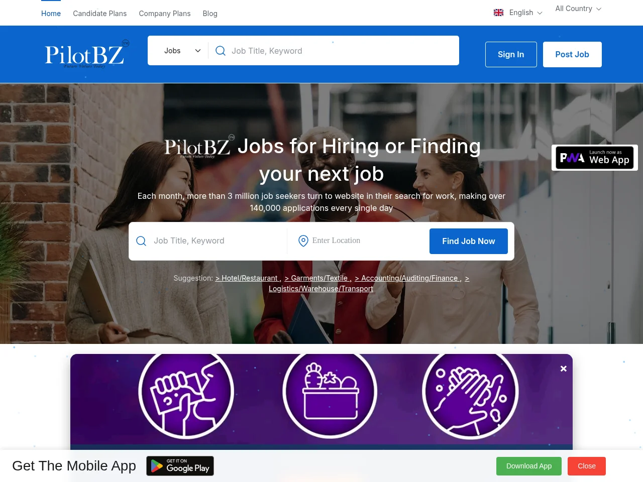 Pilotbz Jobs job board platform screenshot showing job search interface