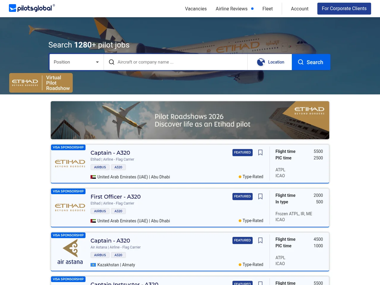 PilotsGlobal job board platform screenshot showing job search interface