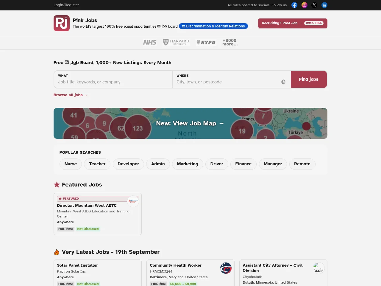 Pink Jobs job board platform screenshot showing job search interface