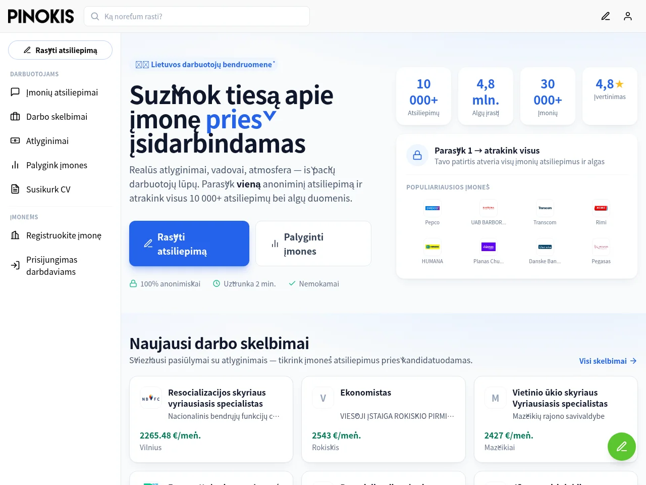 Pinokis.com job board platform screenshot showing job search interface