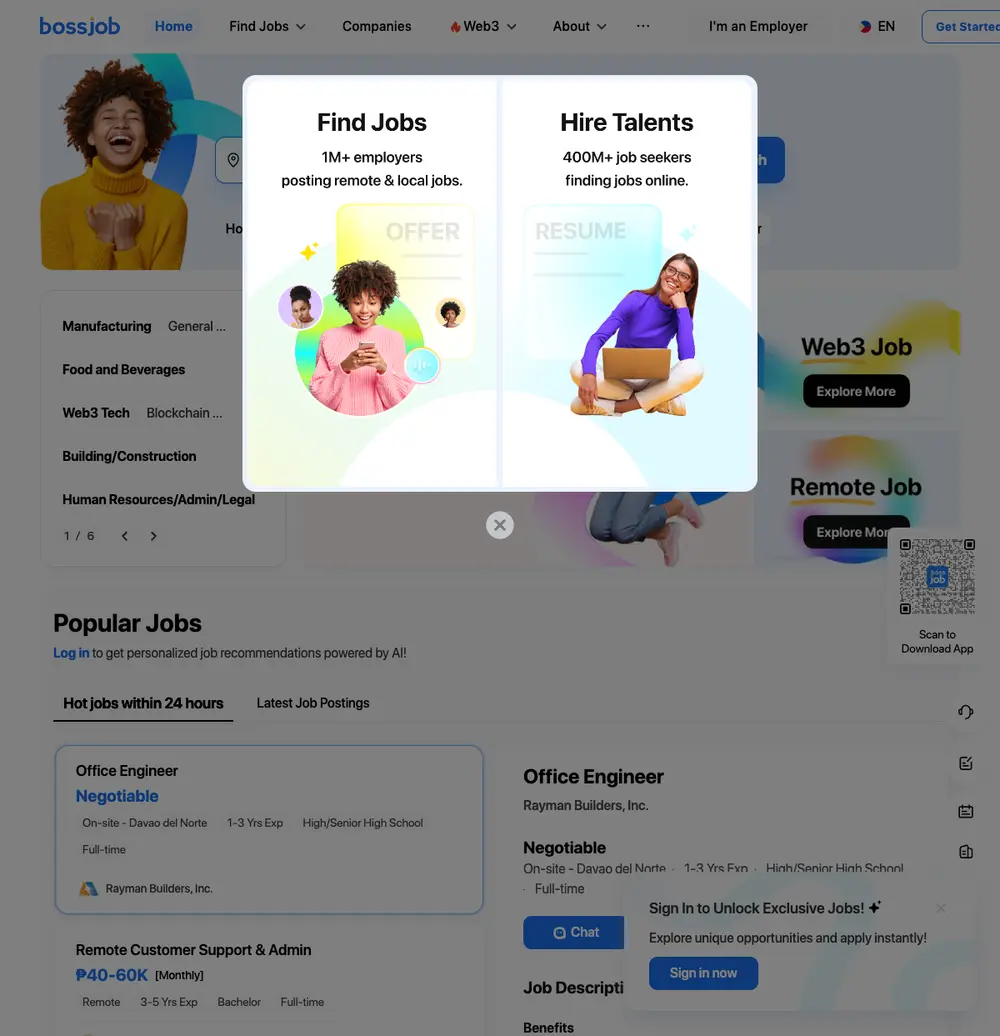 bossjob job board platform screenshot showing job search interface