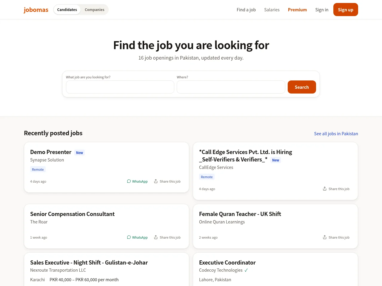 Jobomas Pakistan job board platform screenshot showing job search interface