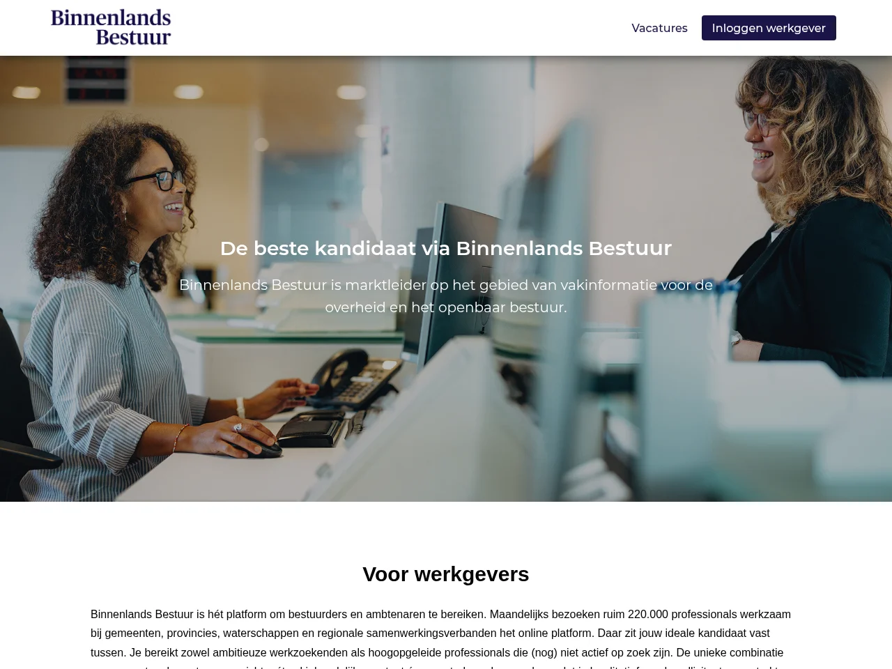 Binnenlands Bestuur job board platform screenshot showing job search interface