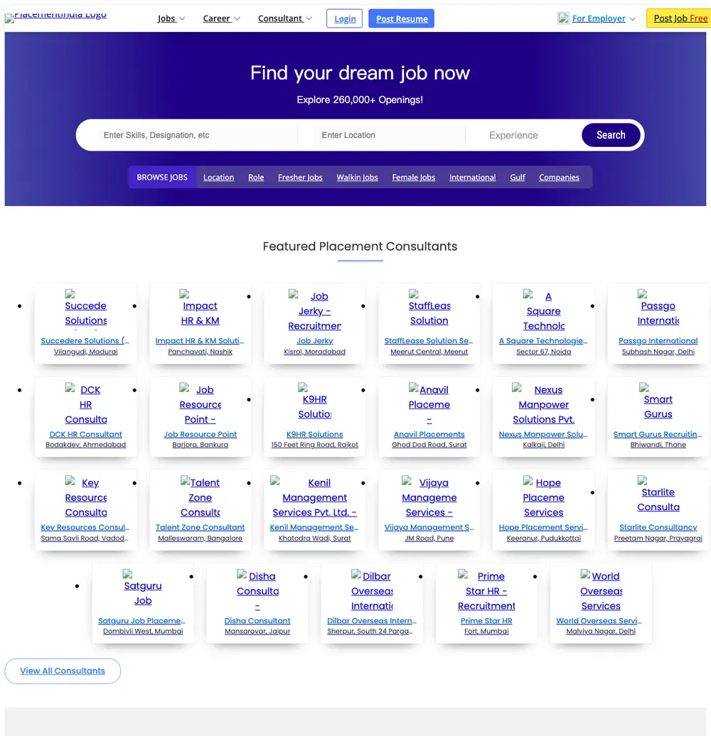 PlacementIndia.com job board platform screenshot showing job search interface