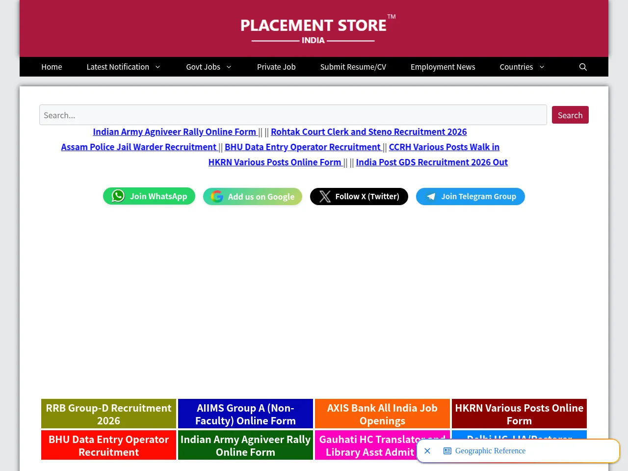 Placement Store job board platform screenshot showing job search interface