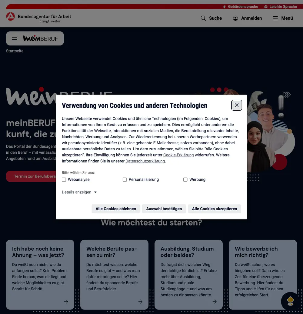 meinBERUF screenshot meinBERUF job board platform screenshot showing job search interface