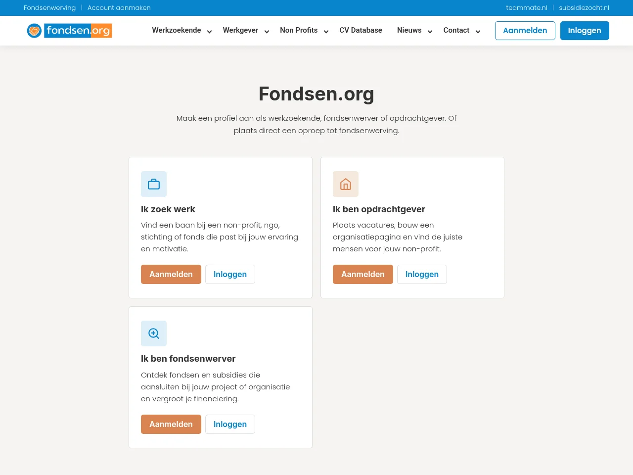 Fondsen.org job board platform screenshot showing job search interface