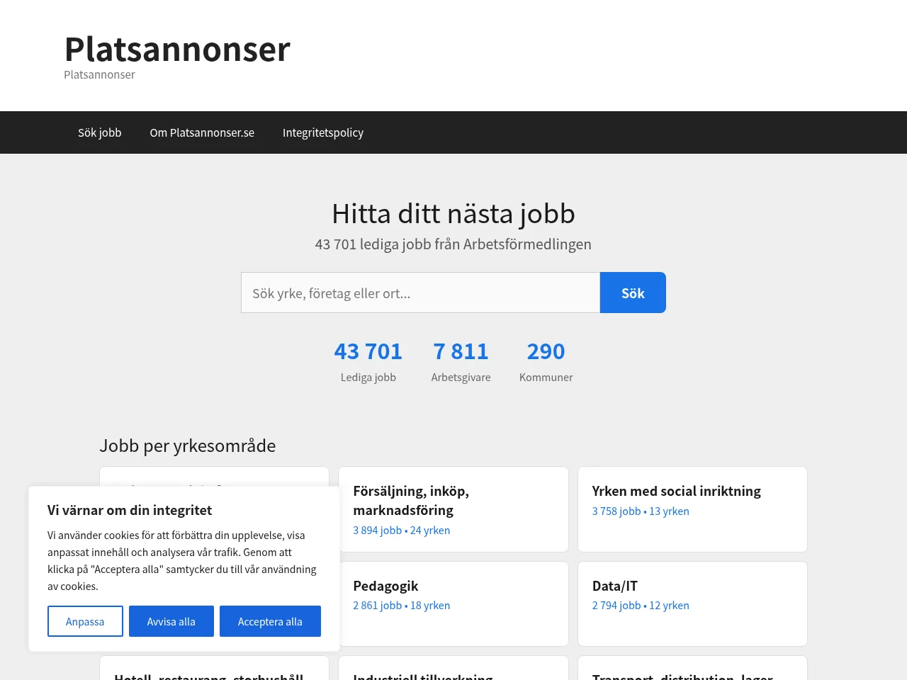 Platsannonser.se job board platform screenshot showing job search interface