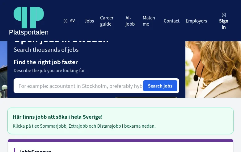 Platsportalen job board platform screenshot showing job search interface